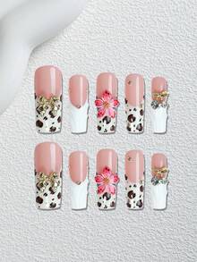 10 Peças Unhas Postiças Longas com Estampa Floral Francesa, Adesivos de Unhas Acrílicas Feitos à Mão com Padrões de Leopardo & Floral. Conjunto de Unhas DIY Holográfico Y2K com Flores Degradê 3D, Laços e Motivos de Cereja para Salões de Unhas, Manicures Diárias, Festivais e Festas, Suprimentos - Multicolorido - Visão 1