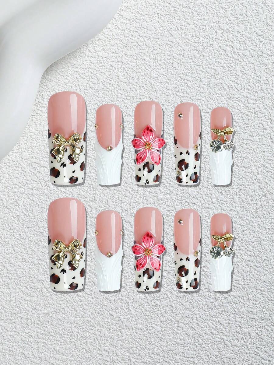 10 Peças Unhas Postiças Longas com Estampa Floral Francesa, Adesivos de Unhas Acrílicas Feitos à Mão com Padrões de Leopardo & Floral. Conjunto de Unhas DIY Holográfico Y2K com Flores Degradê 3D, Laços e Motivos de Cereja para Salões de Unhas, Manicures Diárias, Festivais e Festas, Suprimentos - Multicolorido - Visão 1