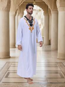 1件裝男士阿拉伯長袍，長袖寬鬆版型，透氣舒適的中東傳統服飾，適合萬聖節與日常穿著 - 白色 - 查看 4