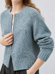 Women's Autumn/Winter Minimalist Casual New Colorblock Zip-Up Round Neck Knit Cardigan Sweater Jacket - Dusty Blue - View 5