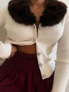 Senya 2026 Women's Faux Fur Collar Cardigan, White Ribbed Knit Slim Fit Long Sleeve Top, Rhinestone Buttons Elegant Sweet Style Winter Top - Apricot - View 7