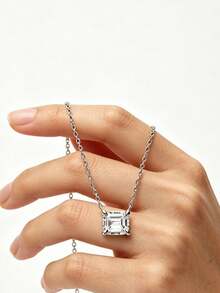 S925 Sterling Silver 14K Gold Plated Emerald Cut Moissanite Necklace, Exquisite Rectangular Pendant Collarbone Necklace, Elegant Wedding Anniversary Birthday Jewelry Gift For Bride And Girlfriend - Style a - White - View 4