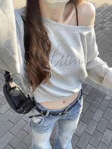 Women's Letter Print Asymmetrical Shoulder Casual Versatile Daily Long Sleeve Sweatshirt - Grey - View 1