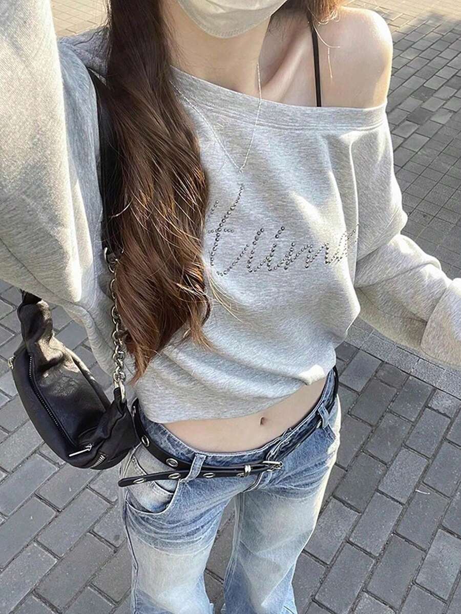 Women's Letter Print Asymmetrical Shoulder Casual Versatile Daily Long Sleeve Sweatshirt - Grey - View 1