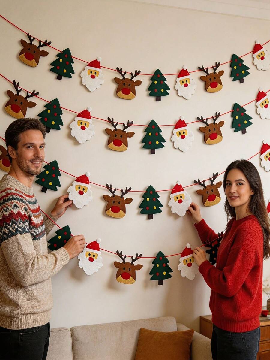 20/10pcs Felt Christmas Banner Garland, Cartoon Santa Claus Reindeer Christmas Tree Hanging Bunting, Christmas Decorations, Christmas Banner, Christmas Hanging Decor, Holiday Decor, Christmas Tree Hanging Banner, Soft Non-Woven Fabric Bunting, Suitable For Fireplace, Wall, Window, Home Party Decoration - Multicolor - View 1
