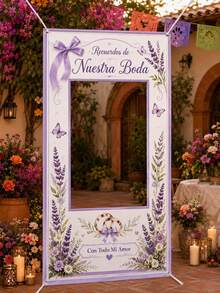 1pc Lavender Spanish Wedding Photo Booth Frame, Printed With Recuerdos De Nuestra Boda And Con Todo Mi Amor, Floral, Bowknot And Ring Patterns, Polyester Rectangular Hollow Background Cloth With 4 Metal Grommets, Suitable For Wedding Reception, Bridal Shower And Photo Decoration - Multicolor - View 2