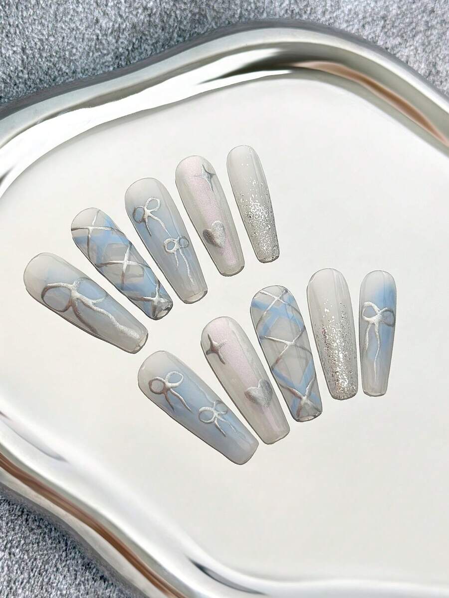 10PCS/31MM Icy Blue Gradient Trapezoid Handmade Press-On Nails, Silver Bow Plaid Heart Star Glitter Decor, Soft Sexy Style, Suitable For Summer Wedding, Graduation, Evening Party, Date, Commute And More Occasions - Multicolor - View 1