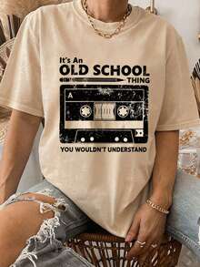 Cute & Casual Women's Short Sleeve Cotton Tee With Retro Cassette Tape Design, Round Neck And Rib-Knit Details For School,Y2K,Outings,Autumn - Light Apricot - View 6