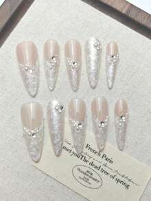 Juego de 10 uñas postizas largas y puntiagudas hechas a mano, uñas falsas blancas, uñas elegantes y suaves para usar, perla 3D pintada a mano con nácar, incrustación de perlas hecha a mano, adecuadas para uso diario de niñas, oficina, escuela, citas, fiestas, bailes, regalo del Día de San Valentín - Blanco - Ver 2