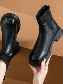 Women Princess Style Boots, British Slim Fit Stretch Knit Sock Ankle Chelsea Short Boots For All Seasons Daily Outfit - Black - View 4