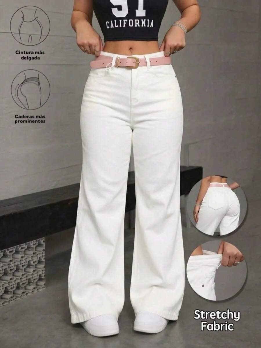 Jeans rectos y holgados de mezclilla lavado efecto levantador de glúteos elásticos sueltos varios colores disponibles - Pearl White - Ver 1