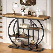 Console Table With Circle Base, Industrial Narrow Entryway Table With Storage, 4-Tier Wood Sofa Table For Living Room, Hallway, Rustic Brown - Rustic Brown - View 3
