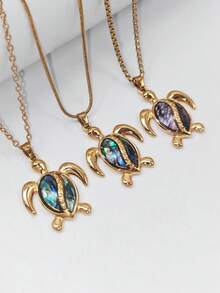 1pc Marine Life Series Stainless Steel Shell Inlaid Turtle Pendant 18K Women's Clavicle Necklace - Multicolor - View 1