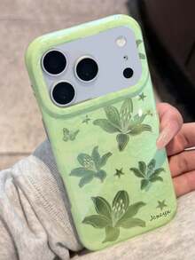 Casing Ponsel Mewah Motif Aurora Hijau Bunga Lili Kupu-kupu Bintang Kompatibel dengan iPhone 17 Pro Max 17 Pro 17 16 15 14 13 Pro Max Plus 15 Hijau Muda Pola Bunga Vintage Timbul Tekstur Riak Air Tidak Beraturan Berkilau - Hijau - View 2