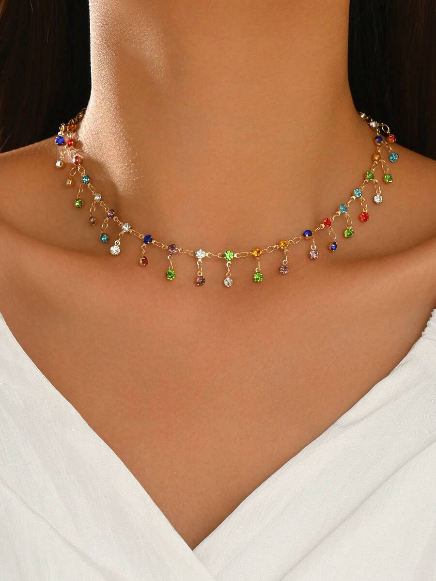 1 Stück Dopamin bunte Strass-Quasten Schlüsselbein-Kette, modische Luxus-Halskette für Damen, geeignet für tägliches Tragen, Verabredungen und Urlaub, handgefertigte Kette, nach Länge geschnitten, die Anzahl und Farbanordnung der Strasssteine sind zufällig - Verschiedenfarbig - Übersicht 1
