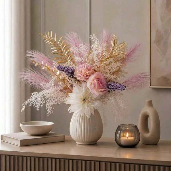 Romantic Bouquet With Soft Pink And White Flowers, Featuring Pink Roses, White Daisies, And Purple Accents. Layered With Shimmering Gold Leaves For A , Airy Arrangement. Comes With A Cream Ceramic Vase (Vase Not Included)