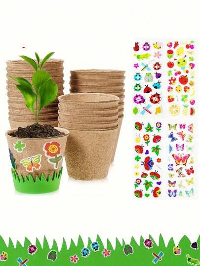 1套16件DIY花園紙花盆套組，含10個紙花盆、4個泡沫貼紙、2個圍欄貼紙，長方形種植套組，可上色空白花園紙盆，適合種植活動的大宗手工套組，室內花盆