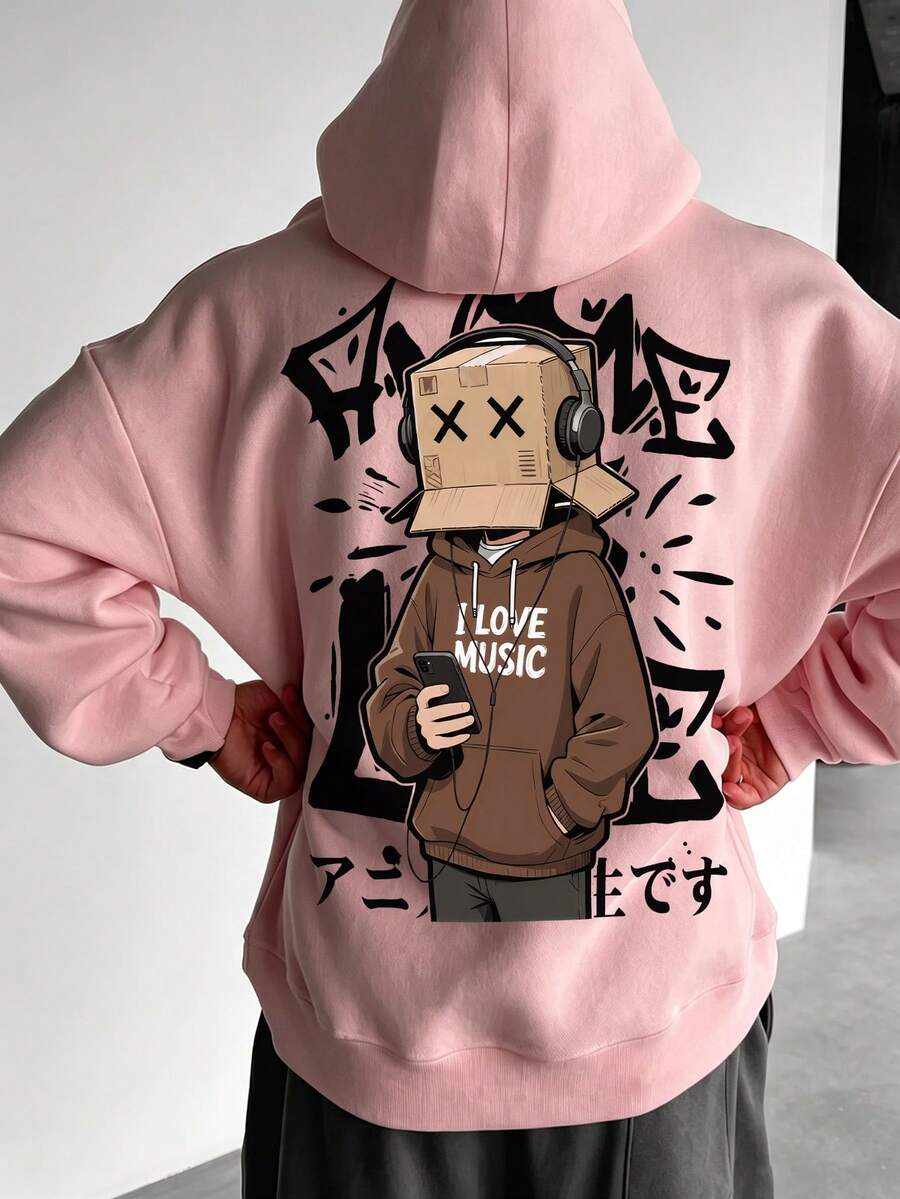 Niche Anime Healing Cardboard Man Listening To Music Japanese Graffiti Pattern Hoodie, Men's Casual Streetwear Loose Fit Basic Top - Pink - View 1