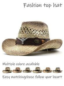 1pc Unisex Leather Belt Metal Decor Gradient Print Western Cowboy Straw Hat, All-Season Fashion Versatile Sun Protection Outdoor Beach Hat, Style - Gem - View 20