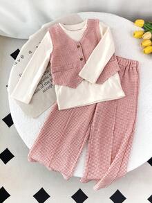 bearleader 3pcs/Set Girls Solid Color Base Layer + Red & White Plaid Tank Top + Casual Pants Autumn/Winter Fashion Outfit - Red - View 3