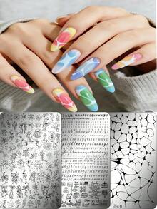 satki Placas de estampado de arte de uñas con cuadros, rayas, textura ondulada, letras en inglés, líneas geométricas de estilo francés, plantillas de transferencia profesionales para artistas de uñas, herramientas de arte de uñas - Multicolor - Ver 3