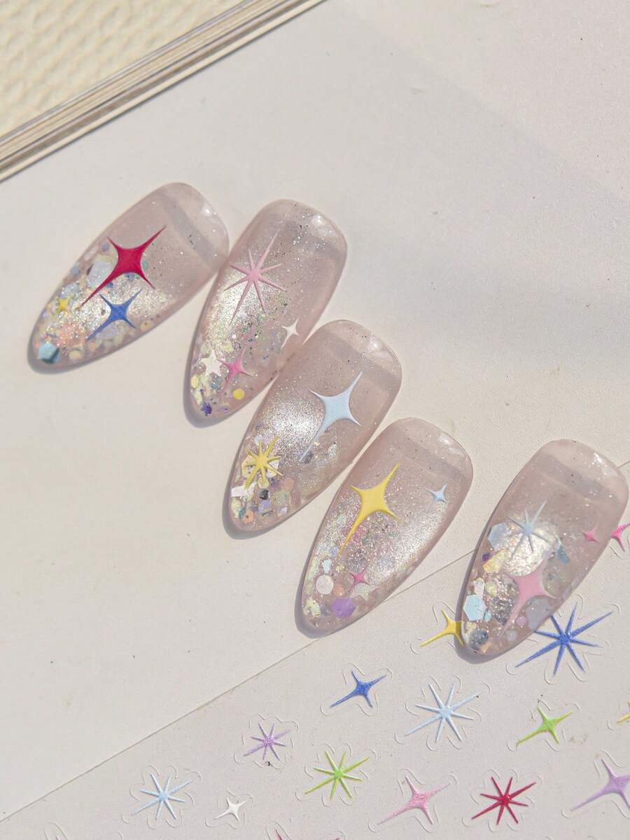1 Relief Nail Art Charm Sticker, New Colorful And Versatile, Fashionable And Sweet Nail Art Sticker, Dazzling Star Decoration Sticker DIY Nail Stickers - Multicolor - View 1