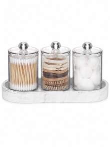Nordic Minimalist Bathroom Vanity Storage Set, Three Pieces Set Of Transparent Cotton Swab Storage Containers With Marble Tray, Cotton Pad, Cotton Ball, And Toothpick Dispenser, Vanity Table Organizer. - Multicolor - View 1