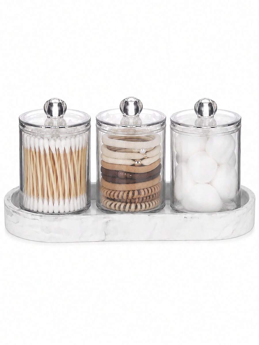 Nordic Minimalist Bathroom Vanity Storage Set, Three Pieces Set Of Transparent Cotton Swab Storage Containers With Marble Tray, Cotton Pad, Cotton Ball, And Toothpick Dispenser, Vanity Table Organizer. - Multicolor - View 1