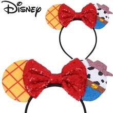 Disney Woody & Minnie Mouse Ear Headband, Red Sequin Bow With Denim Elements, Versatile Hair Accessory For Theme Park Travel And Photos - View 1
