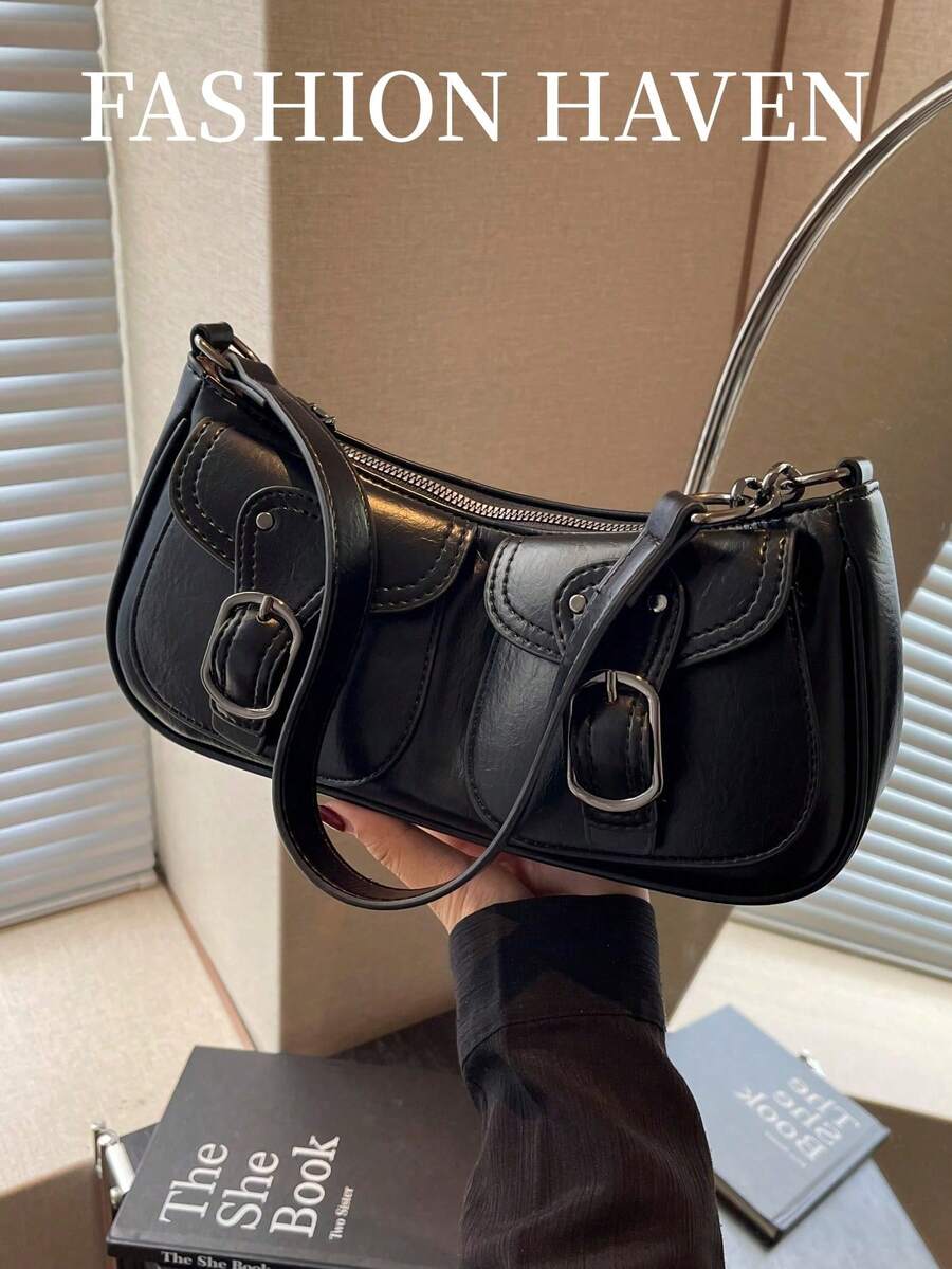 Buckle & Studded Decor Bag - Black - View 1