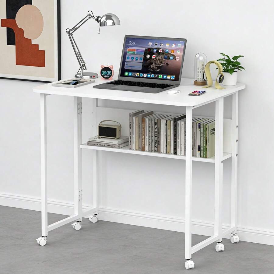 Folding Table With Wheels - Home Office Desk - 80x58x75cm - Folding Computer Desk With Bookshelf - Portable Mobile Workstation - Suitable For Small Spaces - White - View 1