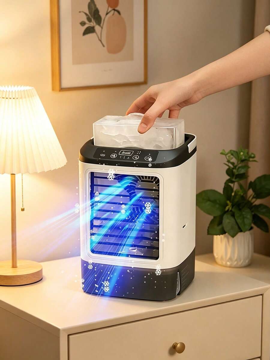 1pc New Portable Air Conditioning Fan, Large Capacity Water Tank + Ice Box/3-Speed Wind, Colorful Atmosphere LED Light, Suitable For Office, Bedroom, Living Room, Kitchen, Outdoor Travel, Camping And Other Occasions, Perfect Birthday Gift And Holiday Gift For Friends And Family In Hot Summer