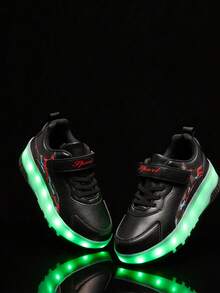BLSART New Kids 4-Wheel Retractable LED Light-Up Rechargeable Hidden Wheel Colorblock Leather Hook & Loop Roller Skate Shoes, Unisex Daily Commute Flashing Sports Shoes - Black - View 7