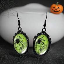 Spider Web Green Background Black Lace Design Oval Pendant Earrings, Casual Gothic Style, Halloween - Black - View 6