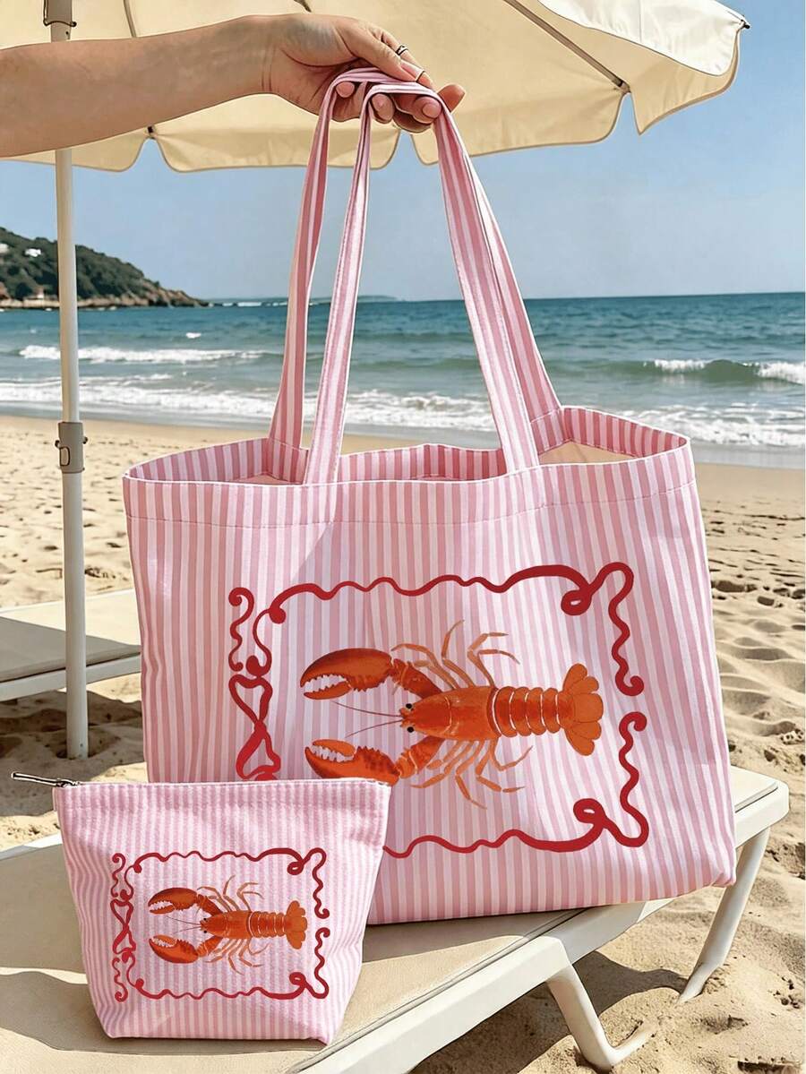 Casual Striped Canvas Tote Bag, Fun Lobster Print, Large Capacity Summer Beach Shoulder Bag, With Small Makeup Bag, Women's Casual Travel Shopping Handbag, Zipper Coin Purse, Daily Casual Handbag, Suitable For Beach, Travel, Camping, School, Outdoor Activities, Daily Life, Unique Birthday Gift, Holiday Gift, Party Gift, Vacation Gift, Back To School Gift - Multicolor - View 1