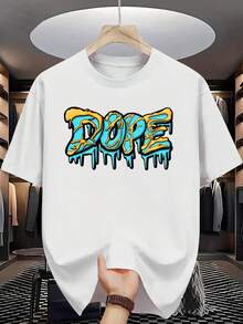 Men's Summer Casual Short Sleeve T Shirt,Eye-Catching Letter Pattern Print - Bright Turquoise Color,Regular Version,Machine Washable,Comfortable Fit - 白色 - 查看 1