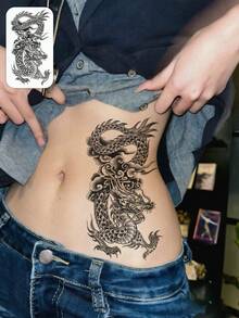 1 pieza Tatuaje de estilo Y2K con dragón, nubes auspiciosas, tatuaje de tótem de dragón, pegatina de tatuaje temporal, resistente al agua y al sudor, lavable, sin efecto reflectante, simula el efecto de tatuaje en brazos, piernas, hombros, pecho, espalda, adecuado para personas a la moda, dura de 3 a 5 días - Negro - Ver 7