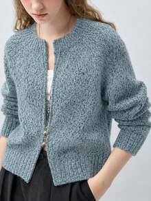 Women's Autumn/Winter Minimalist Casual New Colorblock Zip-Up Round Neck Knit Cardigan Sweater Jacket - Dusty Blue - View 2