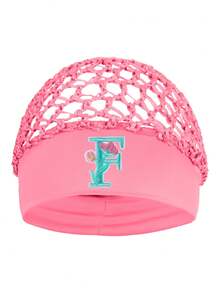 Floral Embroidered Letter Mesh Cap For Women - Personalized Initial Alphabet Elastic Wide Band Hair Bonnet, Crochet Hollow Out Night Sleep Hat - Pink - View 7