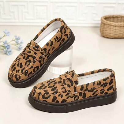 Shoes Run One Size Small. Vintage Leopard Print Kids Penny Loafers, Slip Resistant Thick Sole Casual Shoes, Fashion Non Slip Children Daily Sneakers