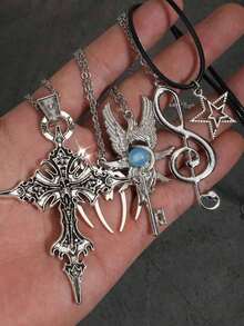 5pcs/Set Vintage Gothic Cross, Thorn Rose, Heart, Melting Cross, Star, Guitar, Music Note, Diamond Spade A Poker Pendant Necklace Set For Women - Silver - View 14