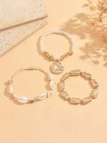 3pcs/Set Gelang Gaya Liburan Bohemian dengan Liontin Kerang dan Keong, Hiasan Manik-manik CCB, Perhiasan Tangan Wanita Modis, Cocok untuk Pemakaian Sehari-hari dan Liburan Pantai, Ukuran dan Bentuk CCB dan Keong Acak - MultiWarna - View 2