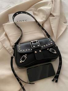 Solid Black Studded  Style Shoulder Bag, Front Buckle Flap Design Detachable Rivet Strap Fashion Night Out Bag - Black - View 2