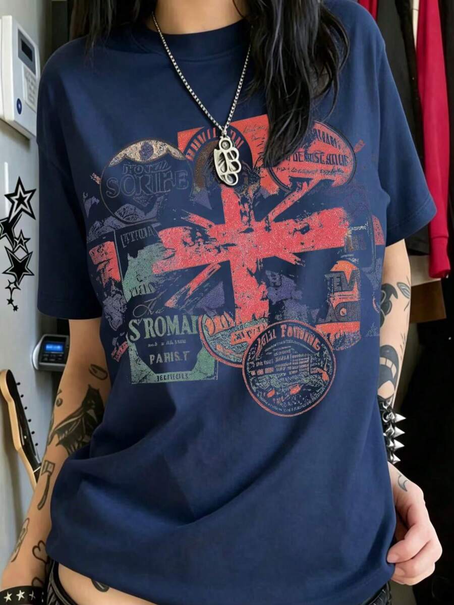 Vintage Union Jack Stamp Collage Oversized Tee, 100% Cotton Breathable, Street Style Casual Wear, Great Gift For Travel & Retro Fashion Lovers - 藏青色 - 查看 1