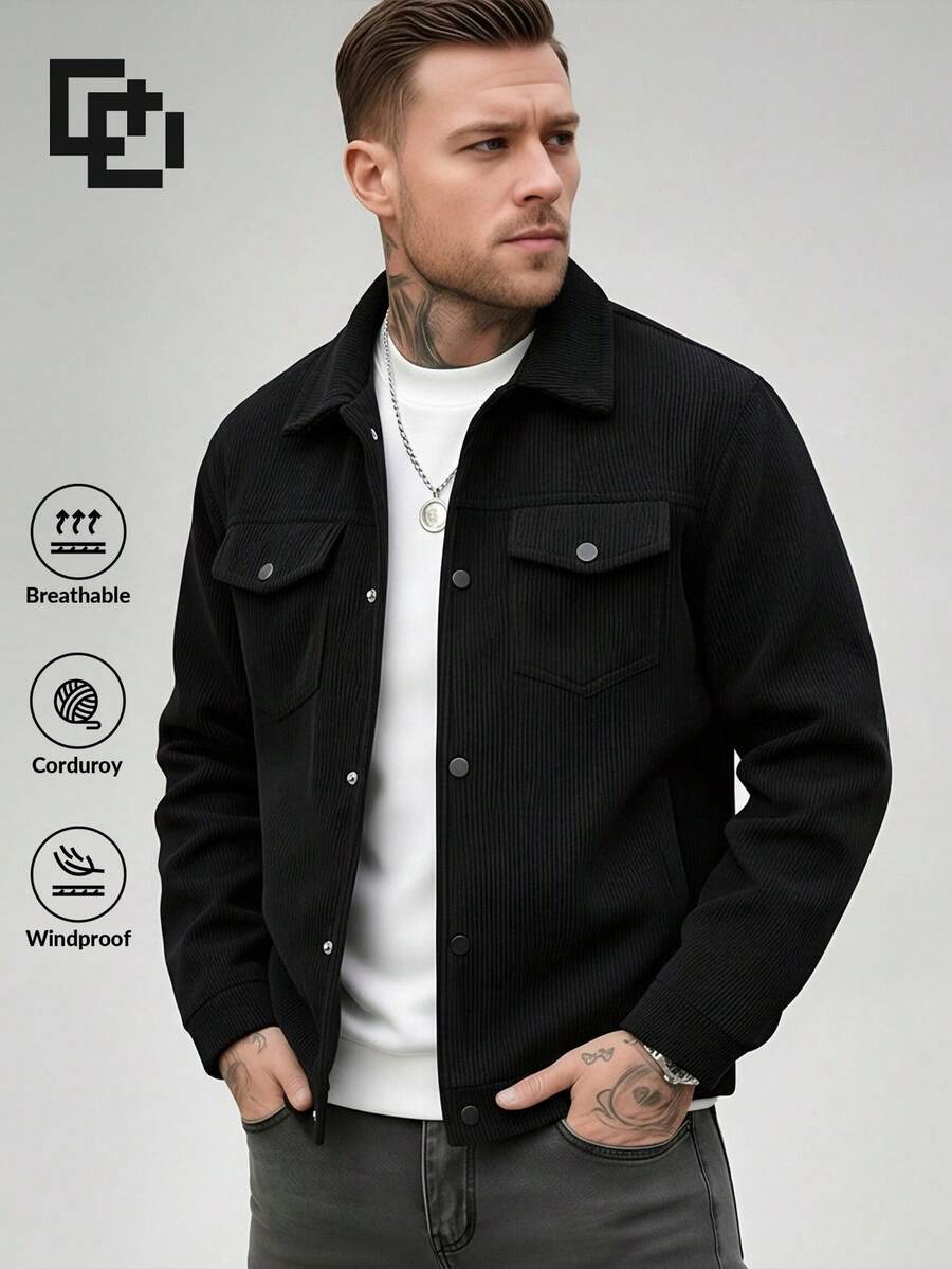 Men's Autumn/Winter Corduroy Jacket, Loose Casual Fashion Lightweight Jacket - Black - View 1