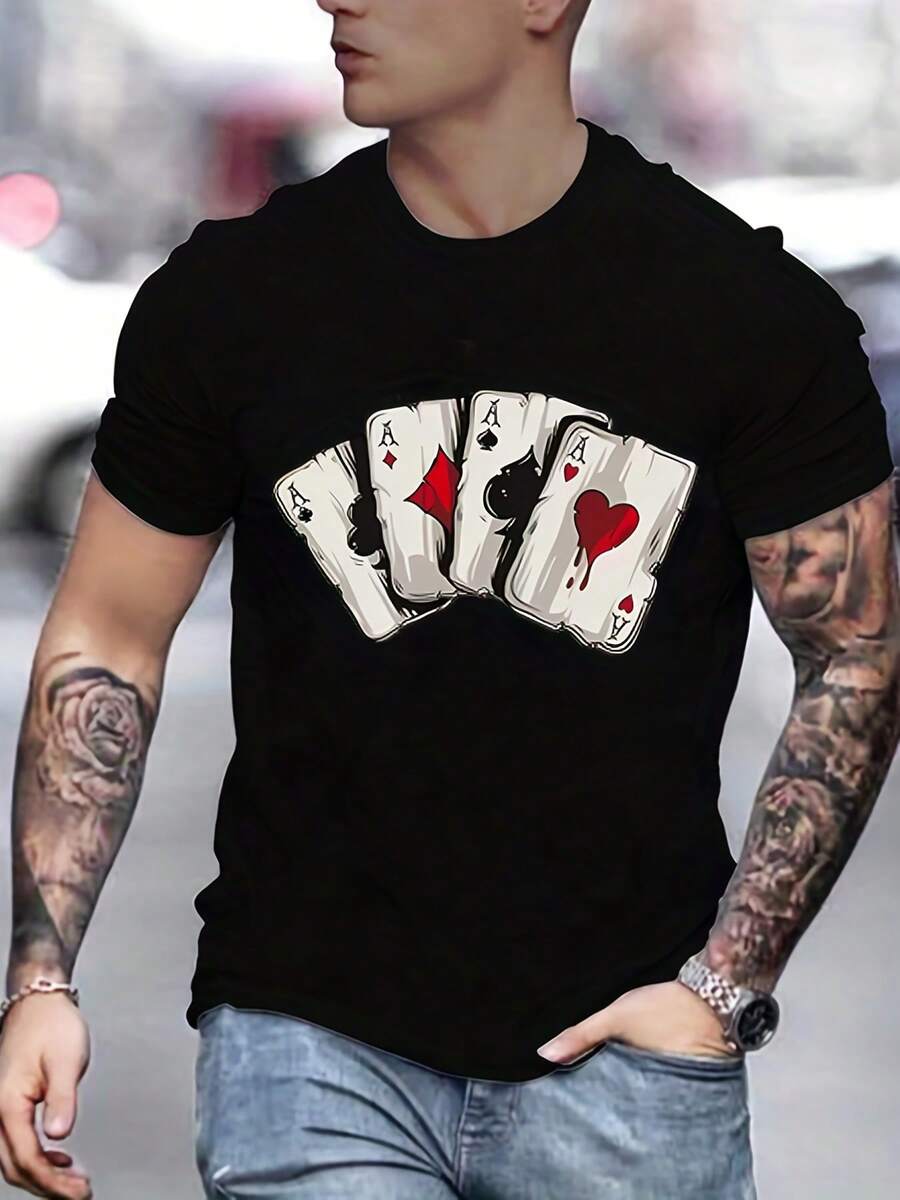 Men's Casual Printed Short Sleeve Shirt T ... - 黑色 - 查看 1