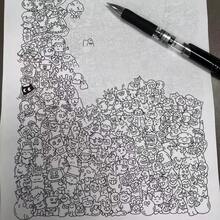 25/55/100張卡通動物彩色線條簡單素描圖，蠟筆油粉彩繪畫素材，紓壓描摹釣魚線條圖 - A - 查看 1