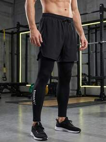 Men 2 In 1 Spring Autumn Football Basketball Training Long Pants Unique Print Outdoor Running Fitness Built-In Compression Drawstring Waist Black - Black - View 1