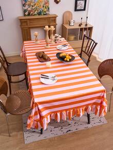 1pc Orange Velvet Ruffle Edge Tablecloth, American Country Style Simple Decorative Dining Table Cloth, Rectangular Coffee Table TV Cabinet Entryway Multi-Functional Cover, Suitable For Holiday Gathering Birthday Party Wedding Dinner Table Decoration Room Decoration Office Desk Coffee Table Mat Outdoor Picnic Mat Home Decor Room Decoration All Seasons - Orange - View 5