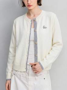 女款秋冬休閒極簡對比色門襟前胸小刺繡圓領針織開襟毛衣外套 白色 - 白色 - 查看 4